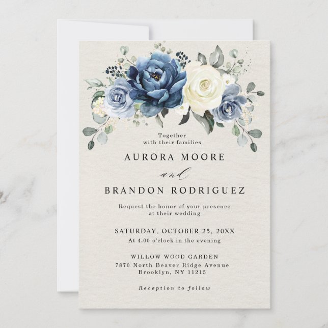 Invitación Dusty Marina Azul Champagne Boda Floral De Marfil  (Anverso)