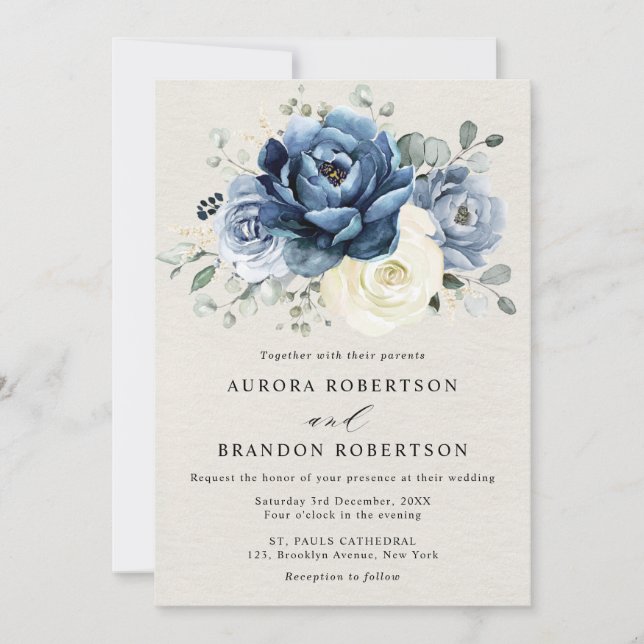 Invitación Dusty Marina Azul Champagne Boda Floral De Marfil  (Anverso)