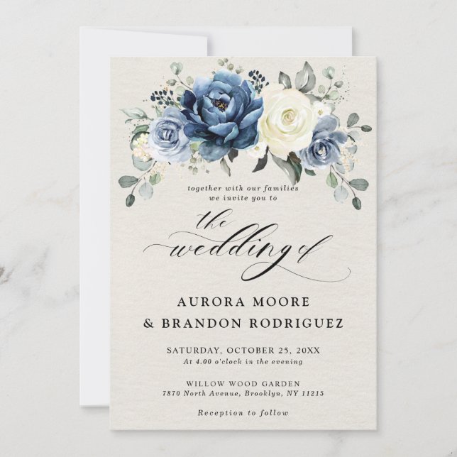 Invitación Dusty Marina Azul Champagne Boda Floral De Marfil  (Anverso)