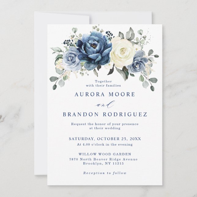 Invitación Dusty Marina Azul Champagne Boda Floral De Marfil  (Anverso)