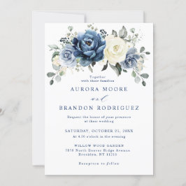 Invitación Dusty Marina Azul Champagne Boda Floral De Marfil