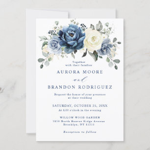 Invitación Dusty Marina Azul Champagne Boda Floral De Marfil
