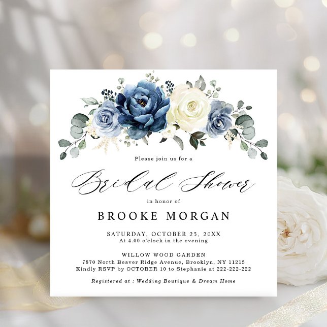 Invitación Dusty Marina Azul Champagne Ducha Marfil Bridal In (Dusty Blue Navy Champagne Ivory Bridal Shower  Invitation)