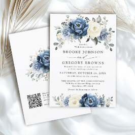 Invitación Dusty Marina Azul Marfil Floral Boho Boda QR Códig