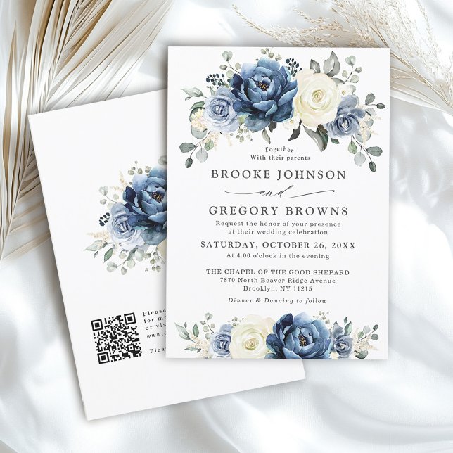 Invitación Dusty Marina Azul Marfil Floral Boho Boda QR Códig (Dusty Blue Navy Ivory Floral Boho Wedding QR Code Invitation)