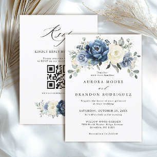Invitación Dusty Marina Azul Marfil Floral Boho Boda QR Códig