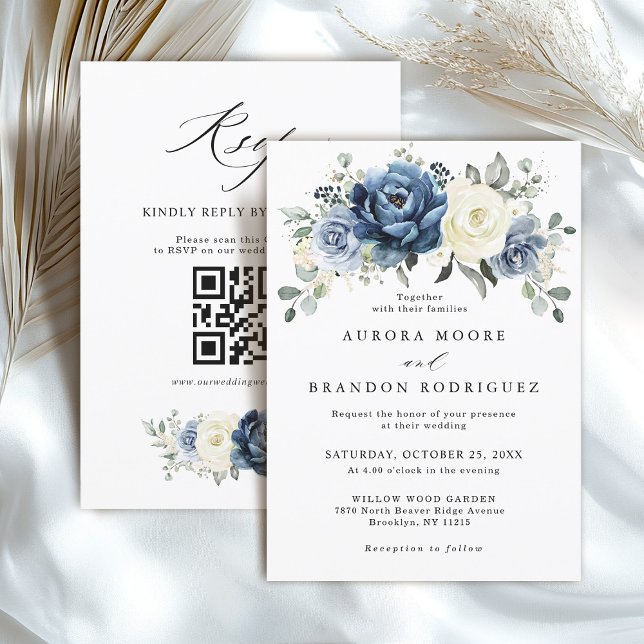 Invitación Dusty Marina Azul Marfil Floral Boho Boda QR Códig (Dusty Blue Navy Ivory Floral Boho Wedding QR Code Invitation)