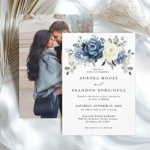 Invitación Dusty Marina Azul Marfil Floral Boho Boda QR Códig