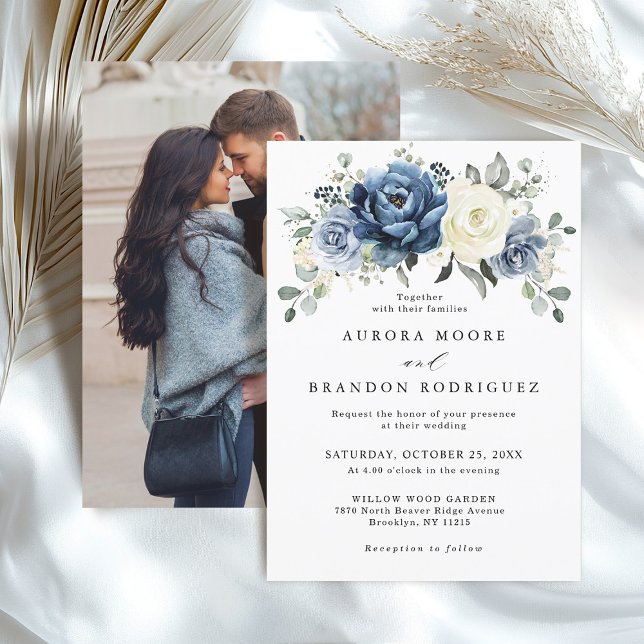 Invitación Dusty Marina Azul Marfil Floral Boho Boda QR Códig (Dusty Blue Navy Ivory Floral Boho Wedding Photo back Invitation)