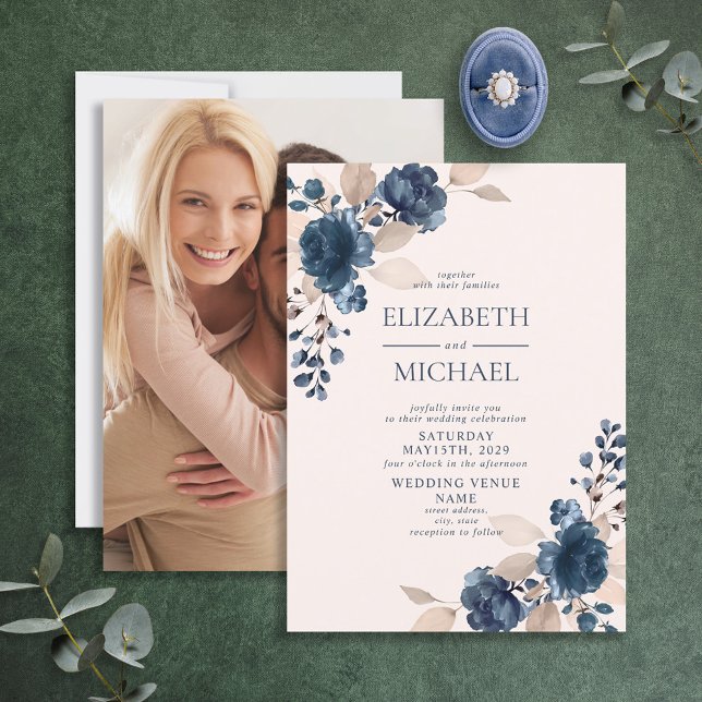 Invitación Dusty Marina Rosa Floral Azul Foto Rústica Boda (Subido por el creador)