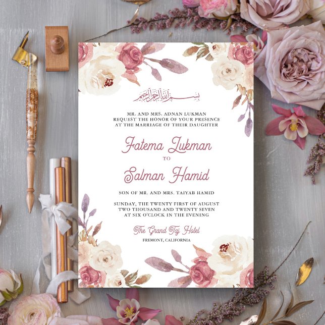 Invitación Dusty Mauve Boda musulmana floral rosa (Subido por el creador)