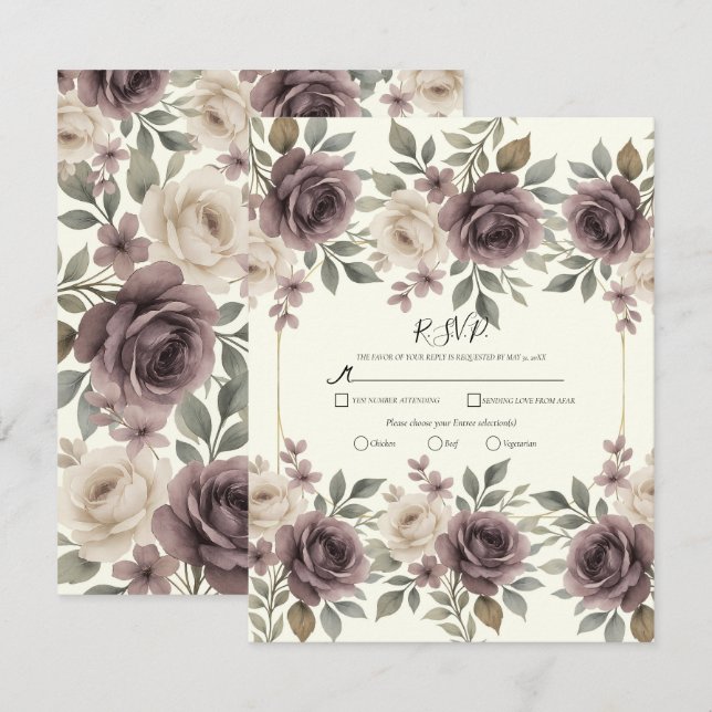 Invitación Dusty Mauve & Ivory Bloom Boda Botánica RSVP (Anverso / Reverso)