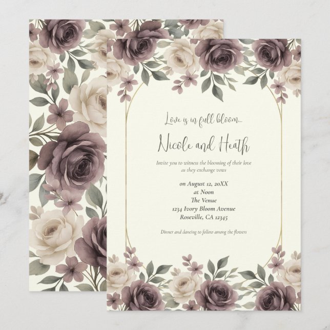 Invitación Dusty Mauve & Ivory Bloom Boda Botánico (Anverso / Reverso)