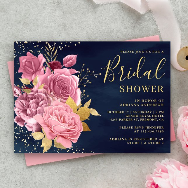 Invitación Dusty Mauve Pink Floral Marina Blue Bridal Shower (Subido por el creador)