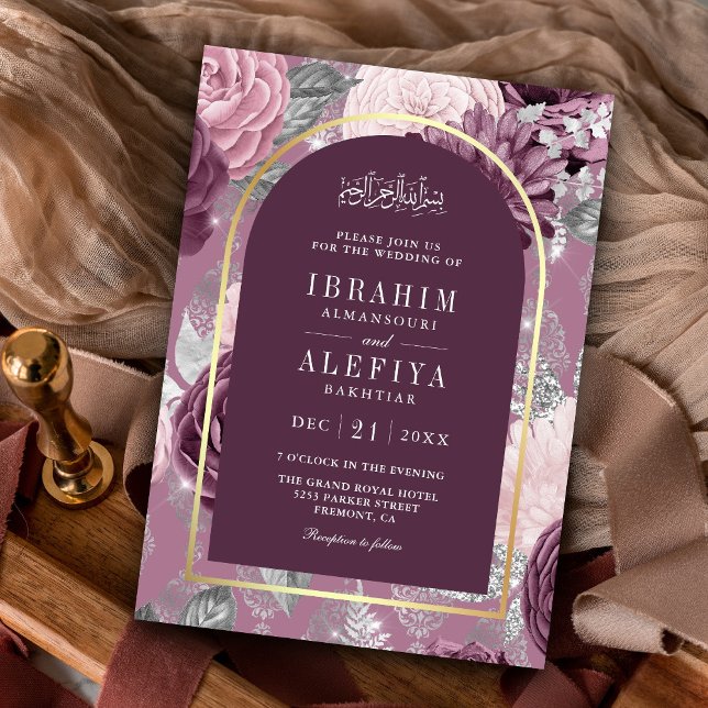 Invitación Dusty Mauve Purple Floral Arch Boda Musulmana (Subido por el creador)