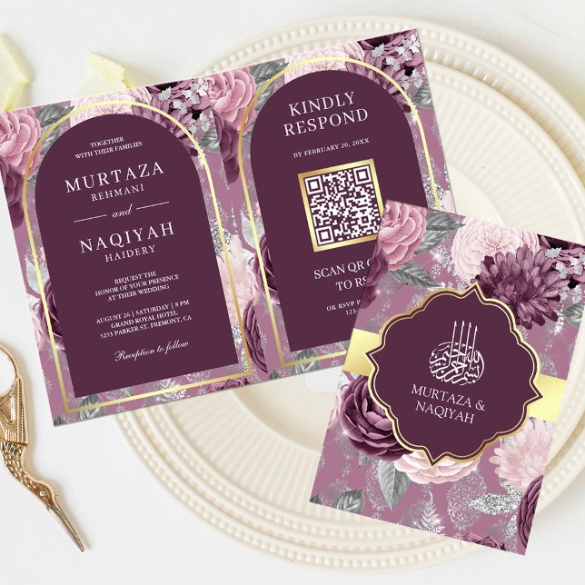 Invitación Dusty Mauve Purple Floral QR Código musulmán Boda (Subido por el creador)