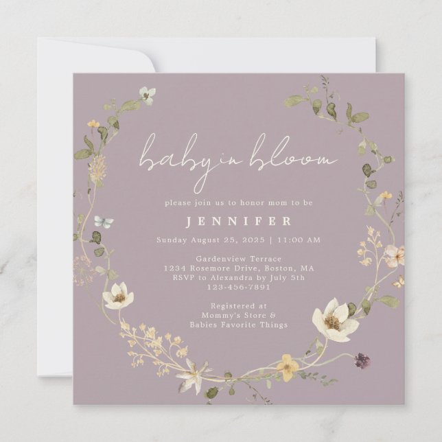 Invitación Dusty Mauve Wildflower Baby En Bloom Baby Shower (Anverso)