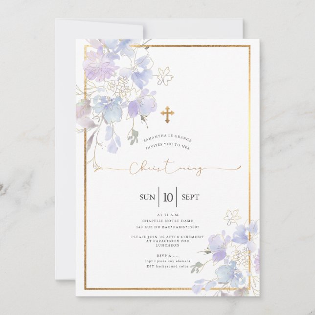 Invitación Dusty Morado Acuarela Dulce Peas Christening (Anverso)