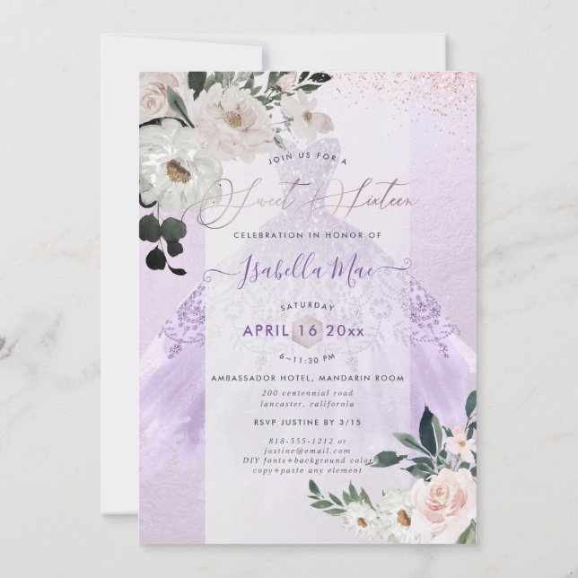 Invitación Dusty Morado Dulce Dieciséis Flores Acuáticas (Reverso)