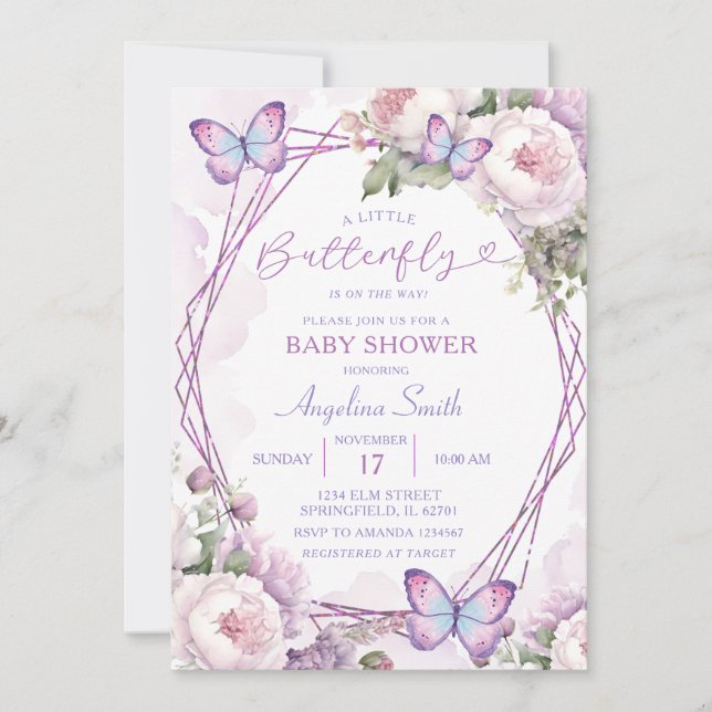 Invitación Dusty morado mariposa Chica Floral Baby Shower (Anverso)
