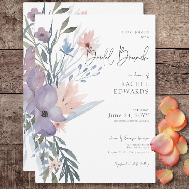 Invitación Dusty morado y azul boho floral brunch (Dusty Purple & Blue Boho Floral Bridal Brunch Invitation)