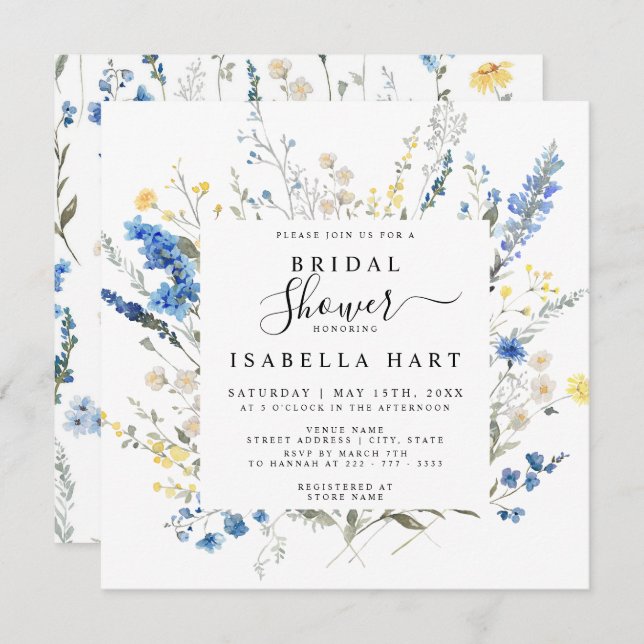 Invitación Dusty Navy Blue Dainty Wild Floral Bridal Shower (Anverso / Reverso)
