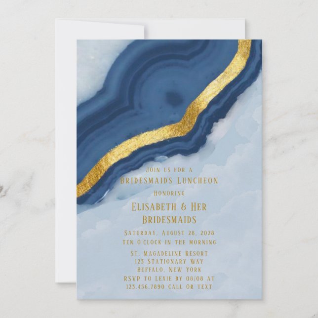 Invitación Dusty Navy Blue & Gold Agate Bridesmaids Luncheon (Anverso)