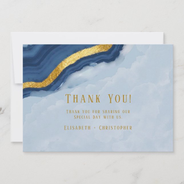 Invitación Dusty Navy Blue & Gold Agate Gracias Cartas (Anverso)