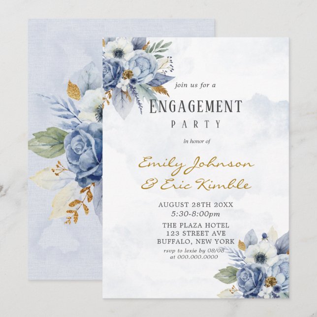 Invitación Dusty Navy Blue Gold Peony Engagement Party (Anverso / Reverso)