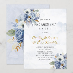 Invitación Dusty Navy Blue Gold Peony Engagement Party