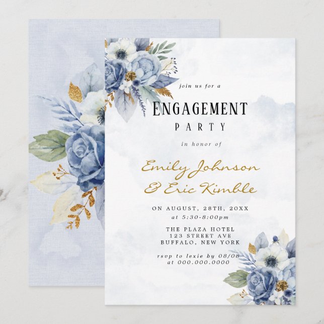 Invitación Dusty Navy Blue Gold Peony Engagement Party Invita (Anverso / Reverso)