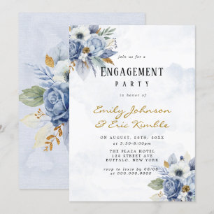 Invitación Dusty Navy Blue Gold Peony Engagement Party Invita