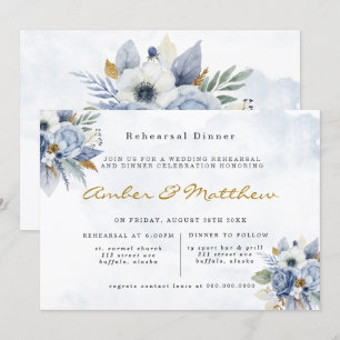 Invitación Dusty Navy Blue Gold Peony Ensayo de la cena Invit