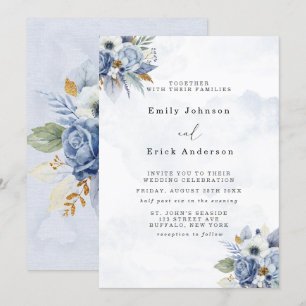Invitación Dusty Navy Blue Gold Watercolor Peony Boda de Moda