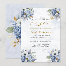 Invitación Dusty Navy Blue Gold Watercolor Peony Boda de Moda