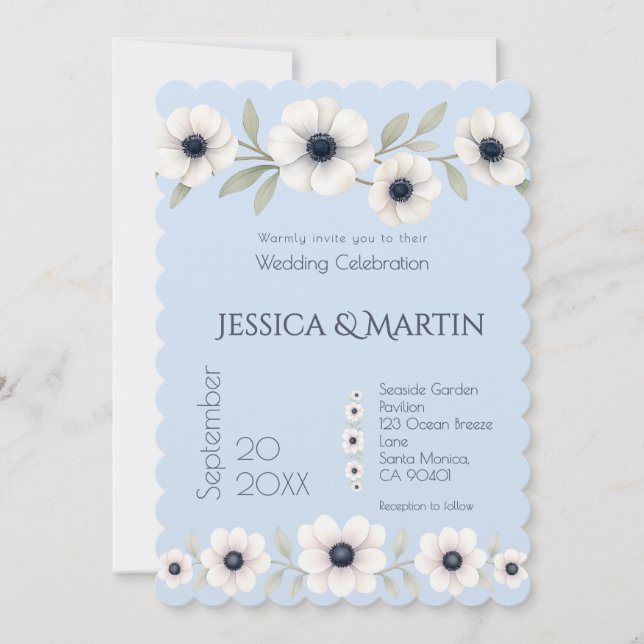 Invitación Dusty Navy Blue Ivory Anemone Boda eterno (Anverso)