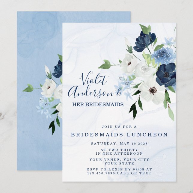 Invitación Dusty Navy Ethereal Bridesmaids Floral Luncheon I (Anverso / Reverso)