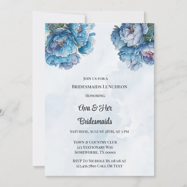 Invitación Dusty Navy Paint Peony Bridesmaids Luncheon (Anverso)