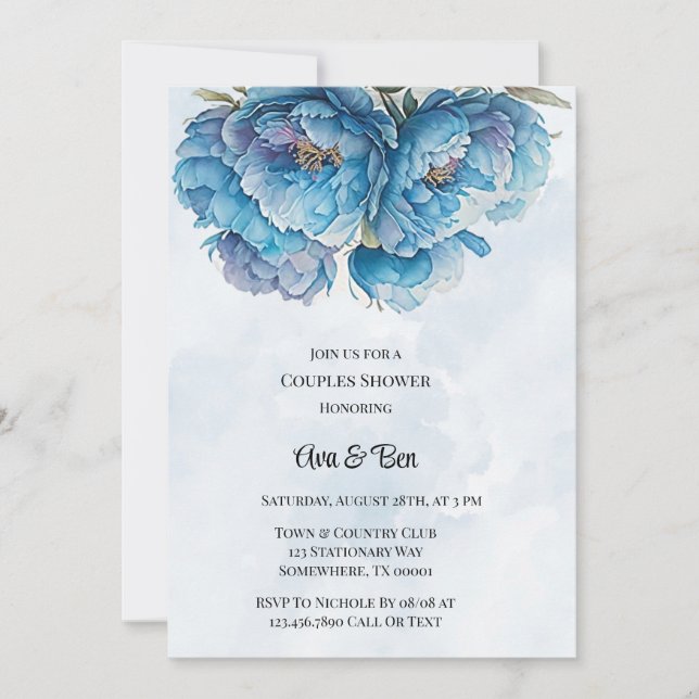 Invitación Dusty Navy Paint Peony Parejas Ducha (Anverso)