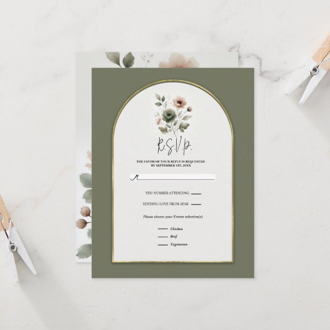 Invitación Dusty Olive Pink Gold Acuarela Floral RSVP (Anverso/Reverso In Situ)