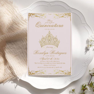 Invitación Dusty Oro Rosa Tiara Princesa Quinceañera