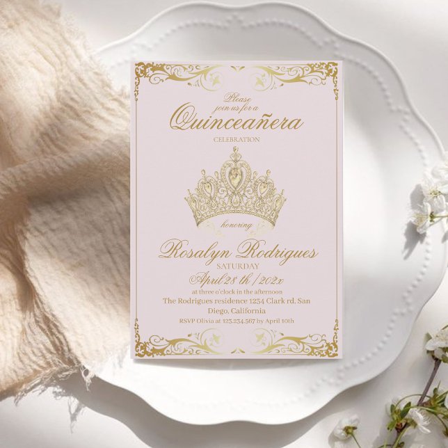 Invitación Dusty Oro Rosa Tiara Princesa Quinceañera (Subido por el creador)