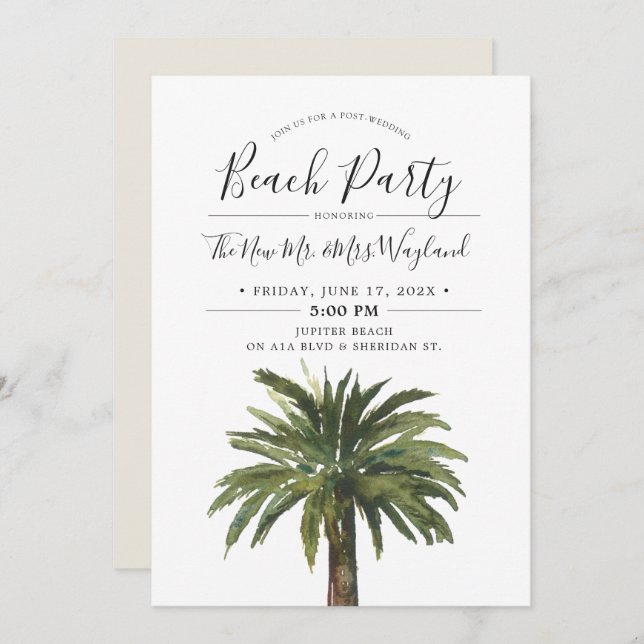 Invitación Dusty Palms | Fiesta de Playa Post Boda en la Aren (Anverso / Reverso)
