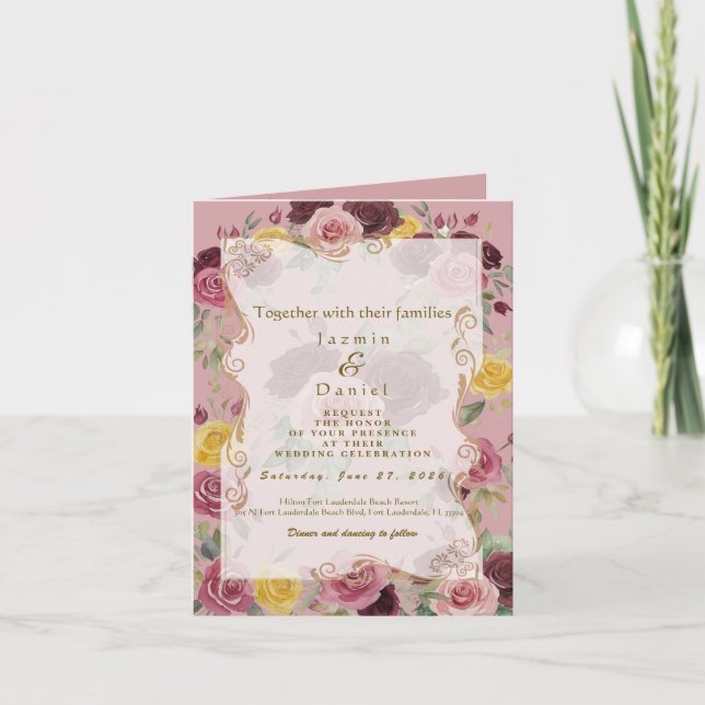 Invitación Dusty Pastel Burgundy/Pink Roses (Anverso)