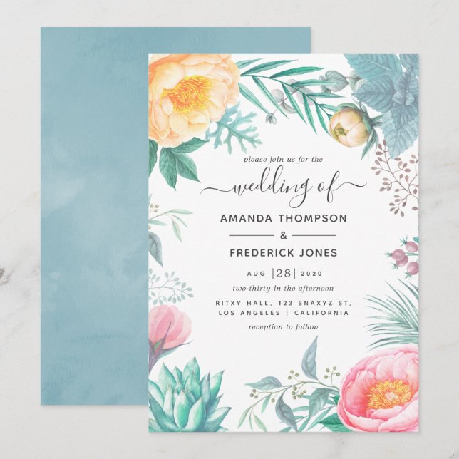 Invitación Dusty Pastel Tropical Boda de Verano Floral (Anverso / Reverso)