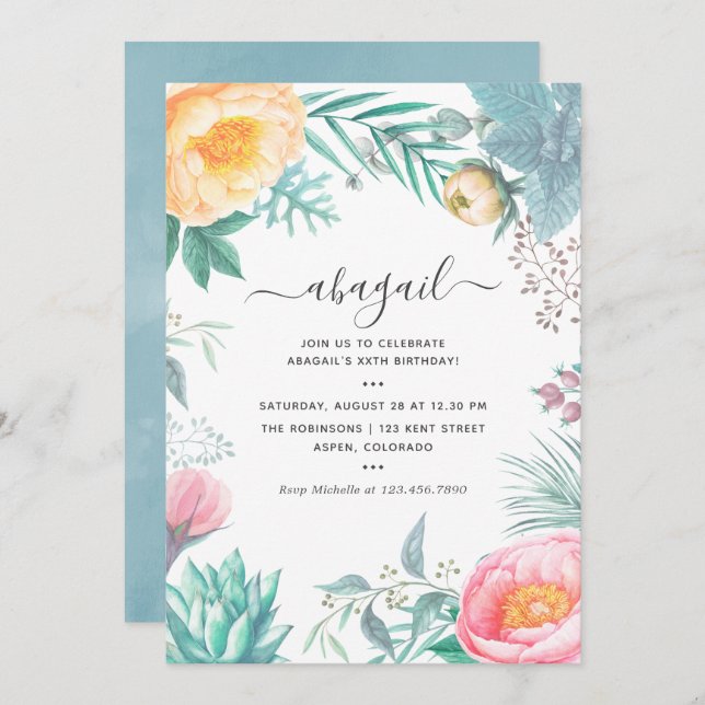 Invitación Dusty Pastel Tropical Floral Fiesta de cumpleaños (Anverso / Reverso)