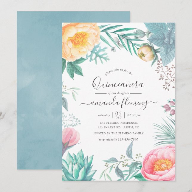 Invitación Dusty Pastel Tropical Floral Verano Quinceañera (Anverso / Reverso)