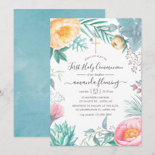 Invitación Dusty Pastel Tropical Floral Verano Santa Comunión