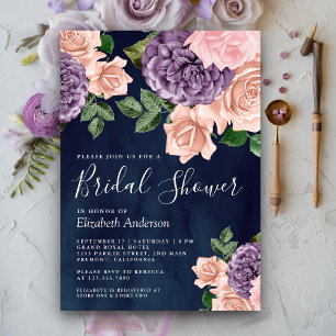 Invitación Dusty Peach Purple Floral Naval Azul Ducha de novi