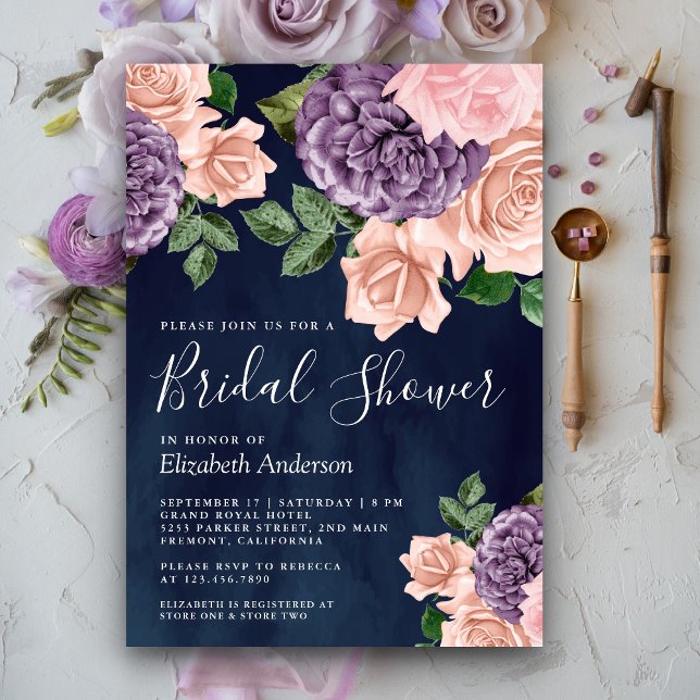 Invitación Dusty Peach Purple Floral Naval Azul Ducha de novi (Subido por el creador)